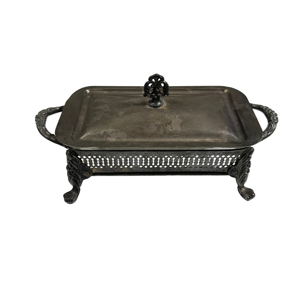 Vintage Anchor Hocking Fire King Glass Casserole Dish With Silver Tray / Lid GUC